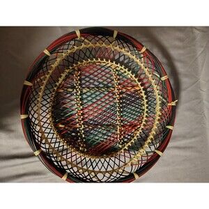 Vintage Multicolor Wicker Rattan Woven Basket Bowl Boho Decor Boho Chic MCM